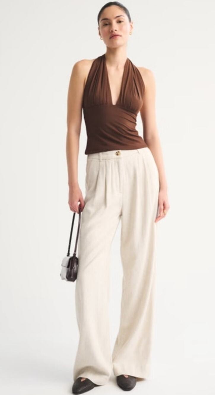 Abercrombie & Fitch A&F Women Sloane Linen Tailord Wide Leg Oatmeal Pants Medium
